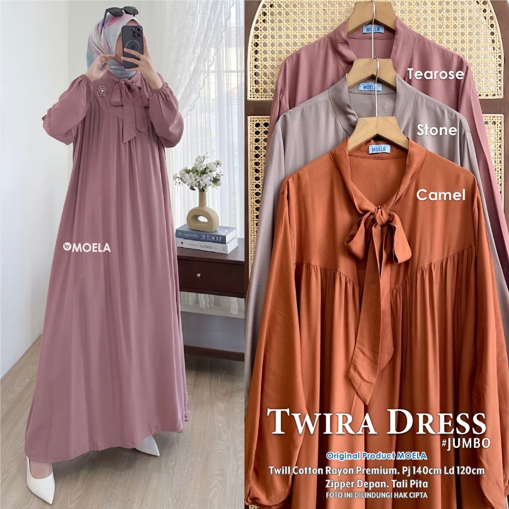 TWIRA DRESS JOMBO WANITA MOTIF POLOS CANTIK 3 WARNA ORI MOELA