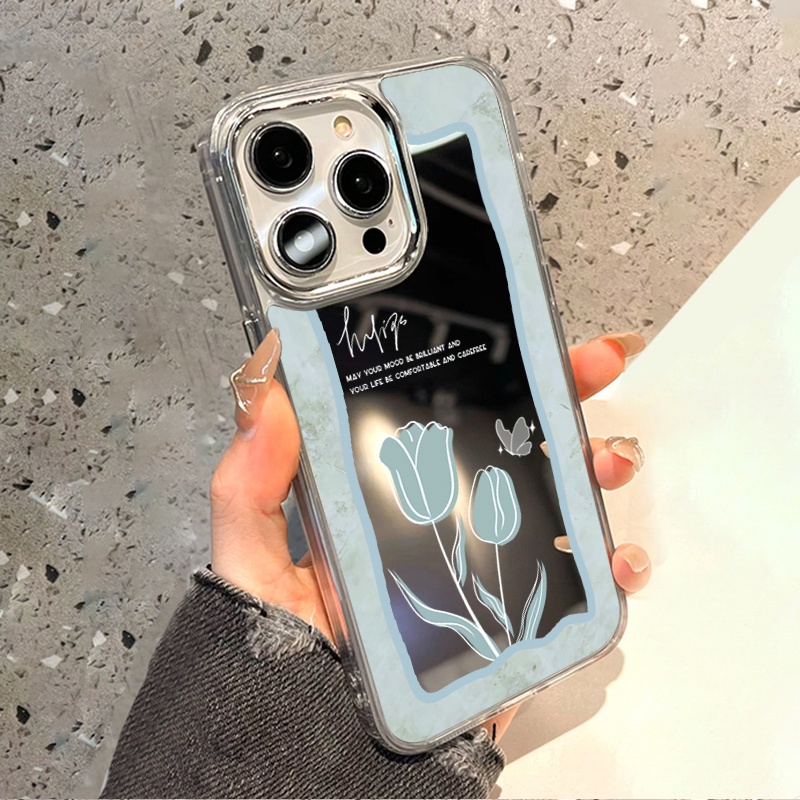 IPHONE Casing Ponsel Cermin Kupu-Kupu Tulip Elegan Kompatibel Untuk Iphone11 12 13 14 12Pro 13Pro 14Pro Pro Max XR X XS Max Electroplating Tombol Perlindungan Mirror Cover