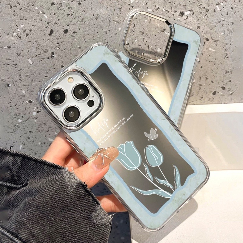 IPHONE Casing Ponsel Cermin Kupu-Kupu Tulip Elegan Kompatibel Untuk Iphone11 12 13 14 12Pro 13Pro 14Pro Pro Max XR X XS Max Electroplating Tombol Perlindungan Mirror Cover