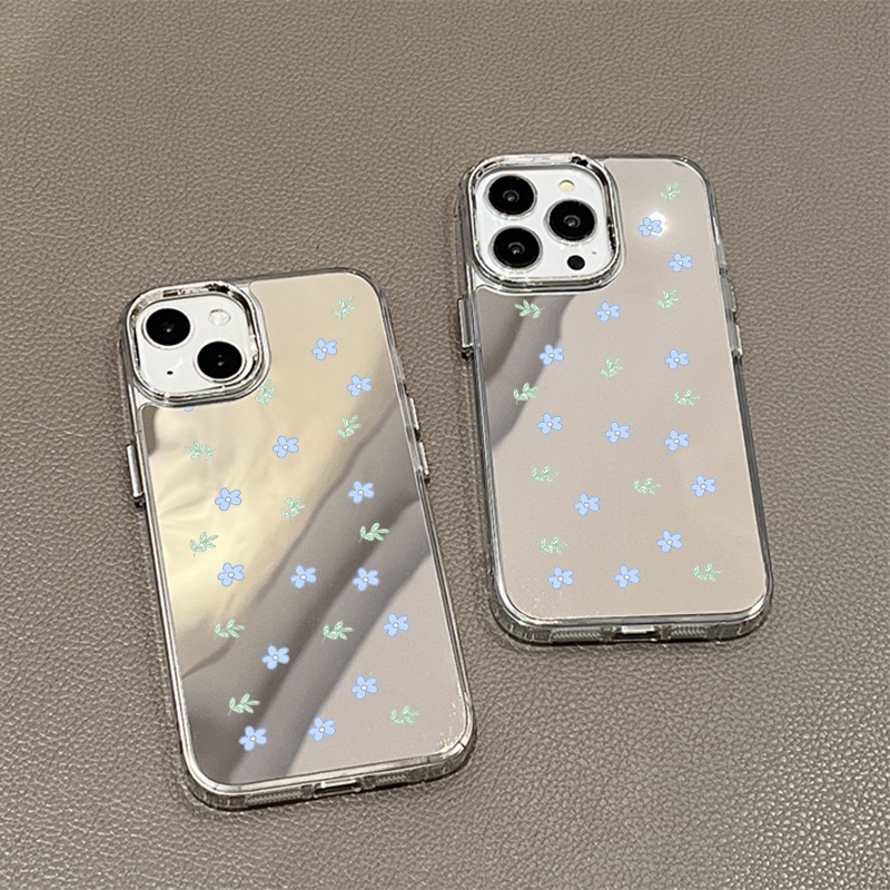 IPHONE Casing Ponsel Cermin Bunga Biru Kecil Segar Kompatibel Untuk Iphone11 12 13 14 12Pro 13Pro 14Pro Pro Max XR X XS Max Electroplating Tombol Perlindungan Mirror Cover