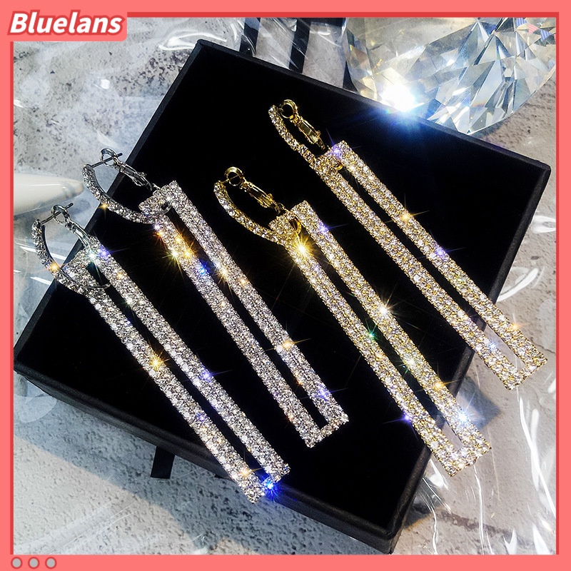 [BLS] Anting Persegi Panjang Geometris Berongga Kristal Korea Panjang Bertatahkan Berlian
