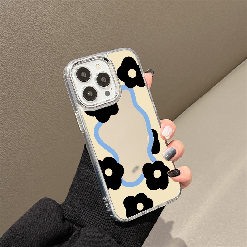 IPHONE Casing Ponsel Cermin Bunga Hitam Kompatibel Untuk Iphone11 12 13 14 12Pro 13Pro 14Pro Pro Max XR X XS Max Electroplating Tombol Perlindungan Mirror Cover