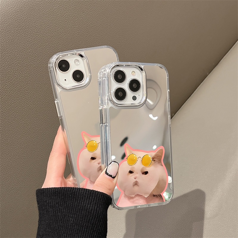 IPHONE Lucu Masker Cat Mirror Phone Case Kompatibel Untuk Iphone11 12 13 14 12Pro 13Pro 14Pro Pro Max XR X XS Max Electroplating Tombol Perlindungan Mirror Cover