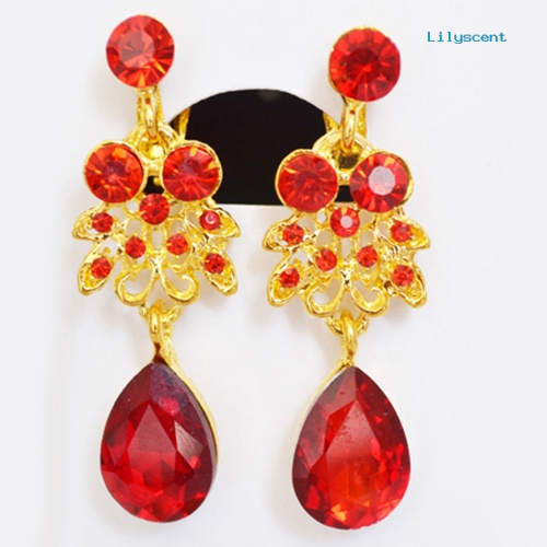 [LS]Bridal Pesta Pernikahan Merah Warna Emas Paduan Liontin Kalung Anting Set