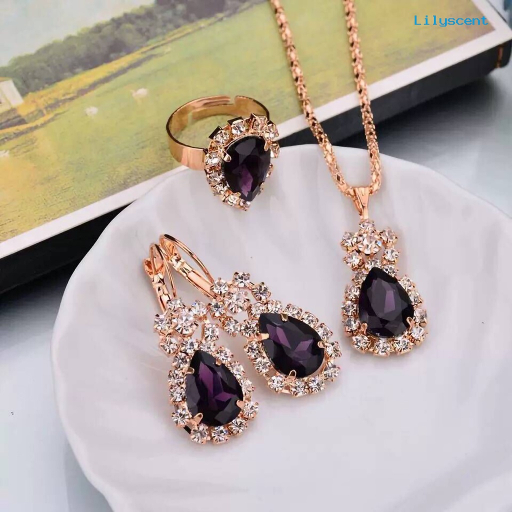 [LS]3Pcs/Set Klip Telinga Warna Cerah Paduan Kalung Anting Cincin Set Tetesan Air Berlian Imitasi Liontin Kalung Anting Cincin Perhiasan Aksesori