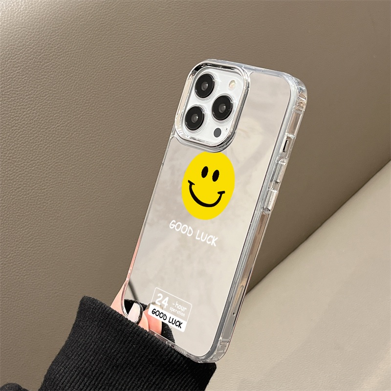 IPHONE Good Luck Smile Emoji Mirror Phone Case Kompatibel Untuk Iphone11 12 13 14 12Pro 13Pro 14Pro Pro Max XR X XS Max Electroplating Tombol Perlindungan Mirror Cover