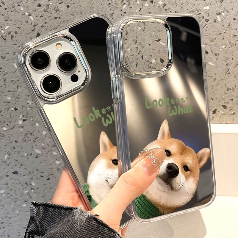 IPHONE Casing Ponsel Cermin Anjing Lucu Kompatibel Untuk Iphone11 12 13 14 12Pro 13Pro 14Pro Pro Max XR X XS Max Electroplating Tombol Perlindungan Mirror Cover