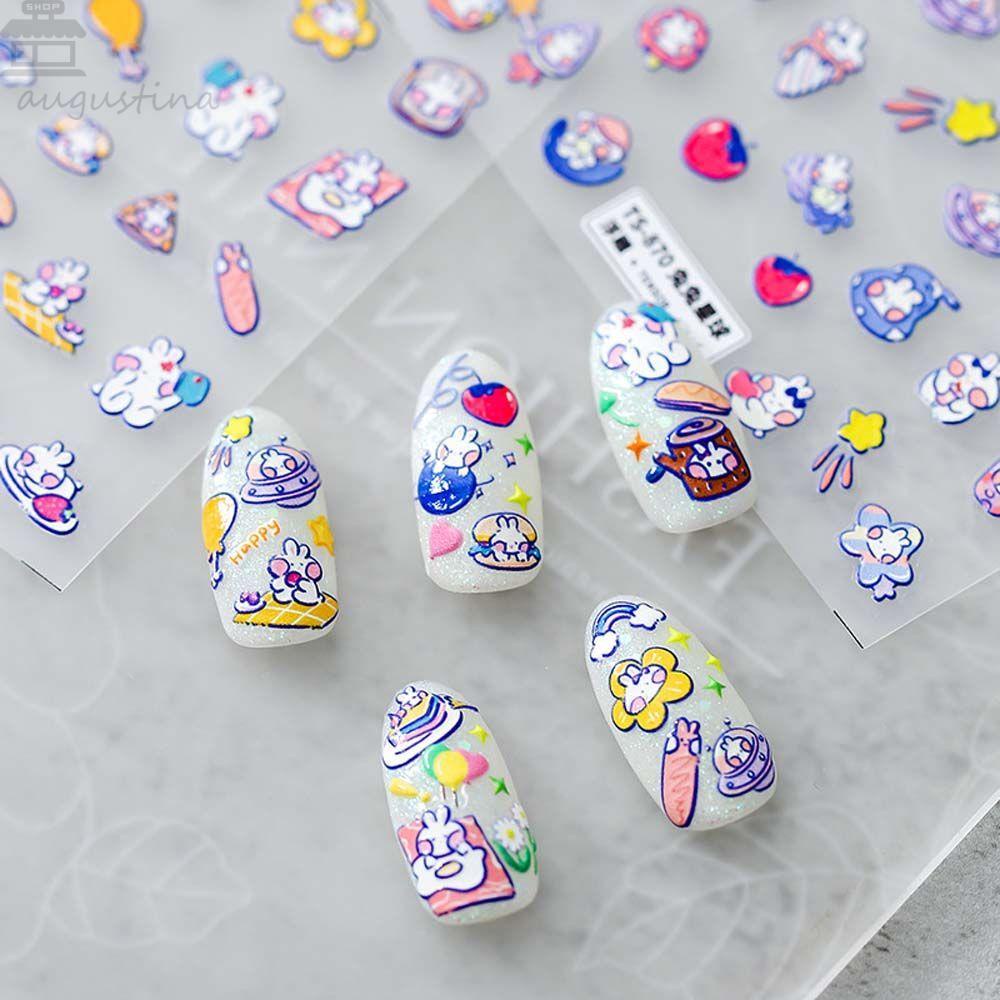 AUGUSTINA Agustina Bunny Nail Art Sticker Putih Lucu Decal Strawberry Rabbit Relief DIY Alat Nail Art