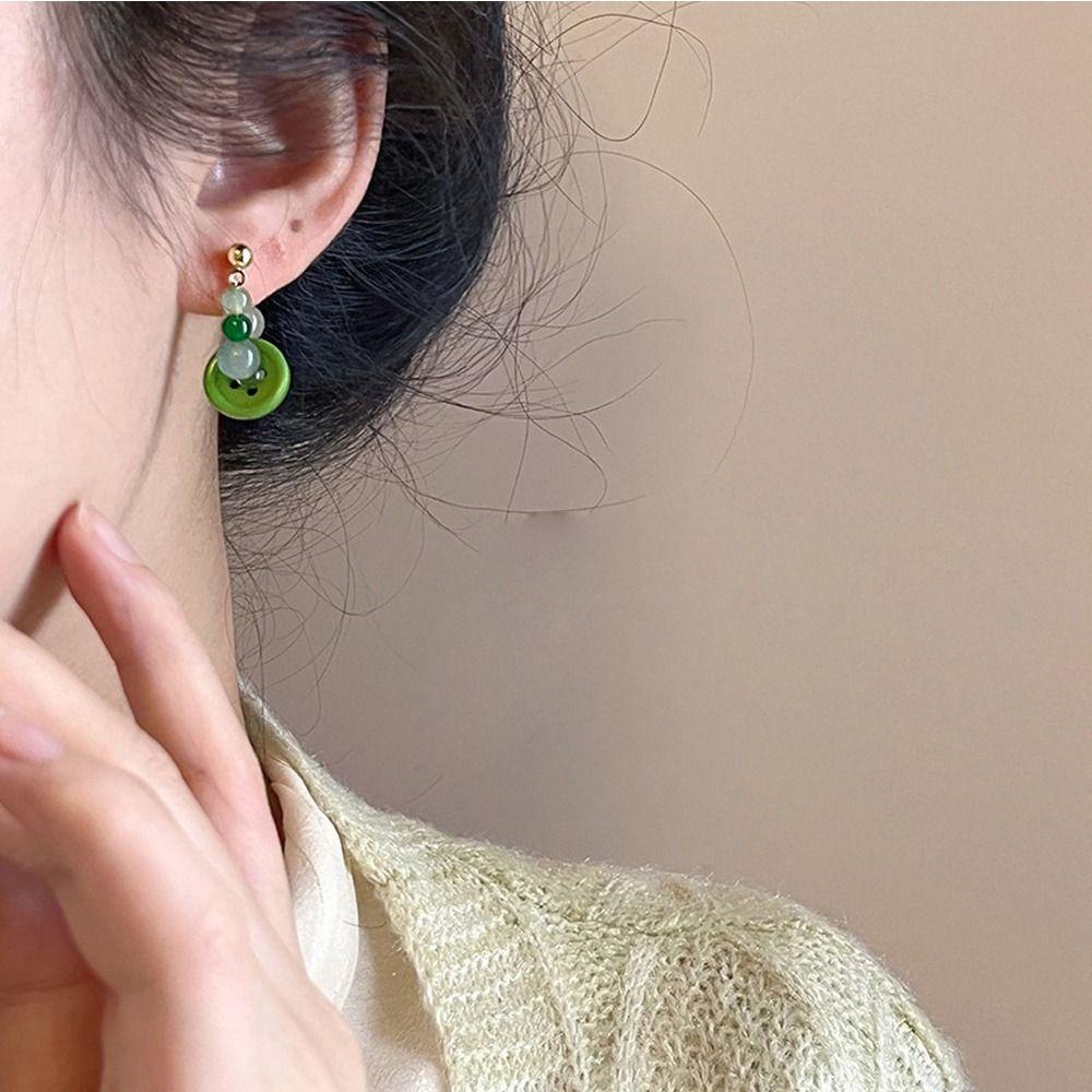 Mxbeauty Anting Hoop Manik-Manik, Hoop Telinga Gaya Cina Giok Imitasi, Perhiasan Fashion Resin Alloy Elegan Untuk Kehidupan Sehari-Hari