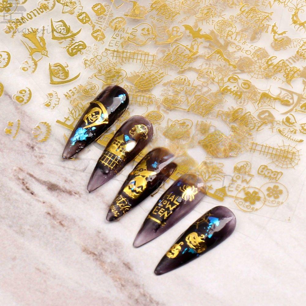 AUGUSTINA Agustina Halloween Stiker Kuku Set 3D 9pcs Dekorasi Kuku Labu Kuku Salon Spider Manicuring Sticker