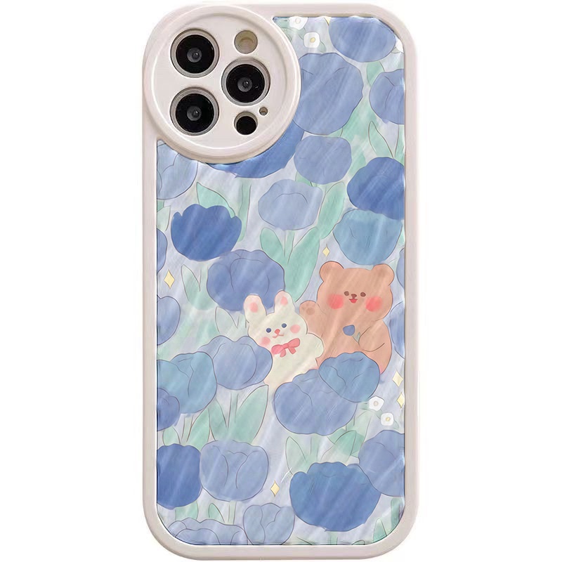 IPHONE Benny Bear Dengan Bunga Biru Casing Ponsel Riak Air Kompatibel Untuk Iphone11 13 12 14 Pro MAX 14 Plus XR X XS MAX 7Plus 8Plus 7 8 SE 2020 2022 Shockproof Cover