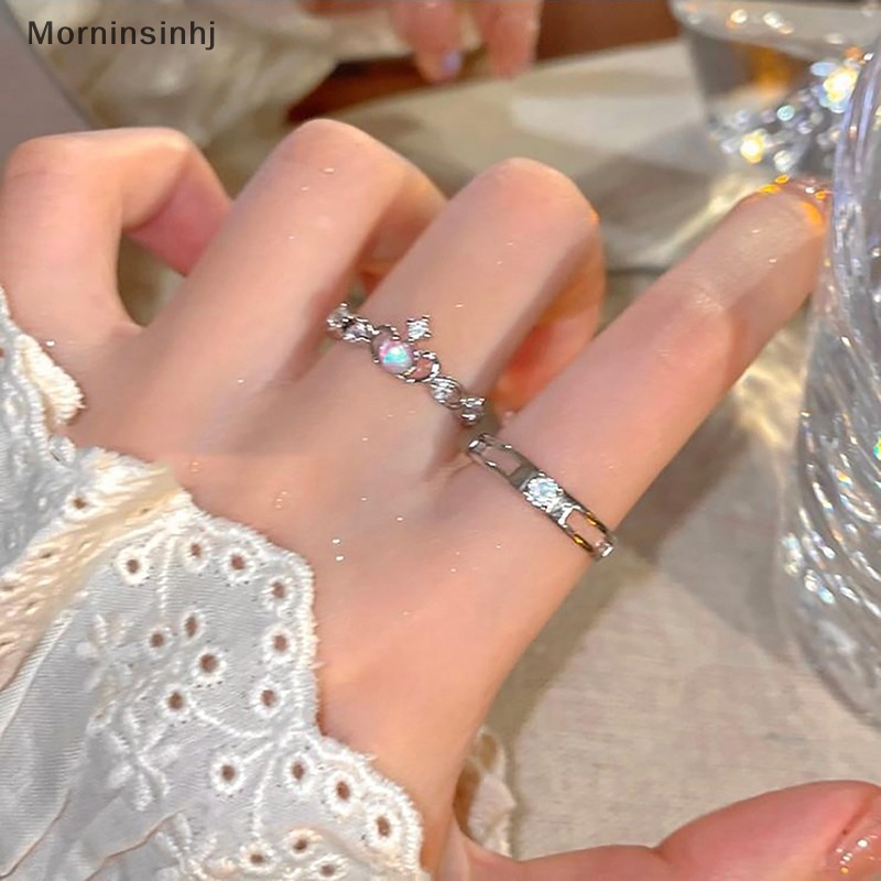 Mornin Cincin Pasangan Mahkota Moonstone Romantis Untuk Wanita Pecinta Warna Silver Zircon Moonlight Adjustable Open Ring Hadiah Perhiasan Pernikahan id