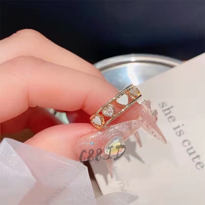 Cincin Wanita Fashion Korea Bentuk Hati Love Kristal Model Terbuka Adjustable Ring Dapat Disesuaikan Warna Hitam Putih Gaya Minimalis CC 05