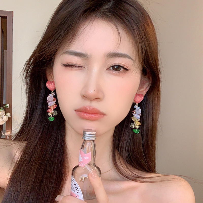 Merah Muda Kristal Rumbai Menjuntai Anting-Anting Gadis Warna-Warni Hancur Batu Drop Anting-Anting Manis Pengantin Cinta Berbentuk Hati Panjang Stud Anting-Anting Pesta Anting-Anting Perhiasan Hadiah