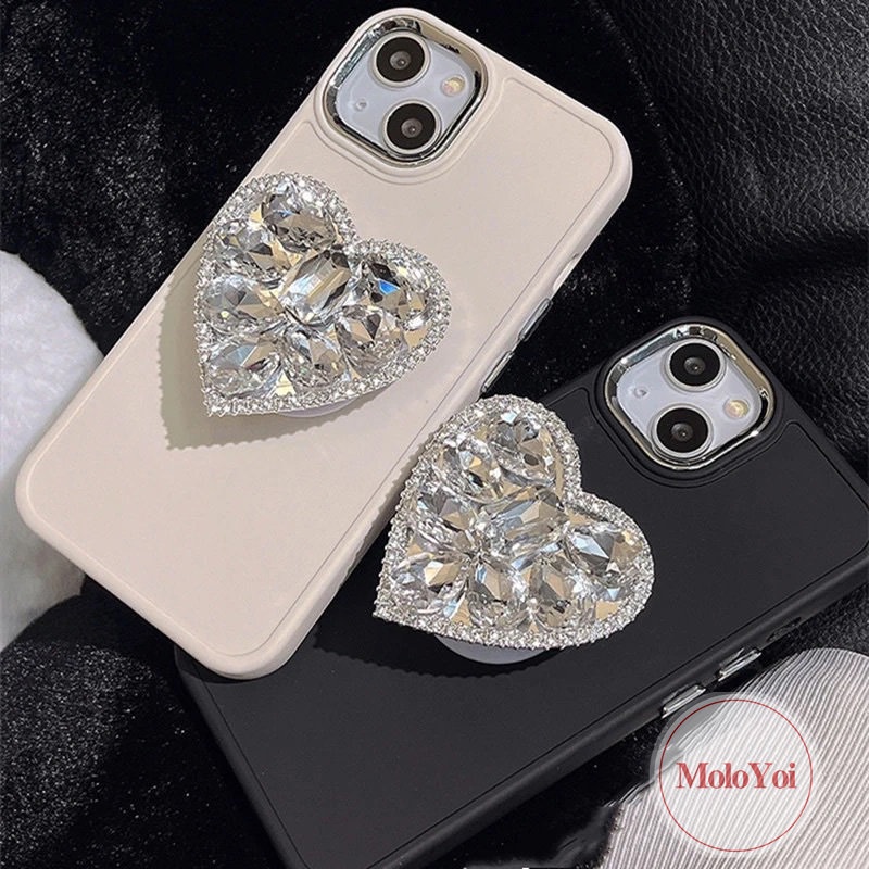 Kompatibel Untuk IPhone XR 7plus 11 14 13 12 Pro Max7 8 Plus X XS MAX Berlian Cinta Hati Bracket Phone Holder Plating Simple Mewah Warna Solid Case Soft Cover