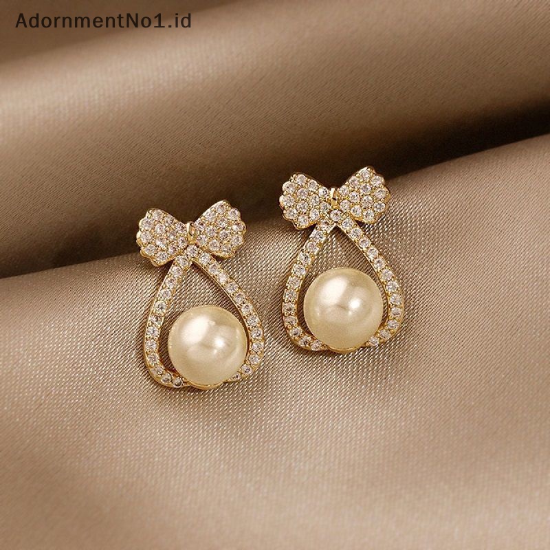 [AdornmentNo1] Pearl Studs Bow anting kristal untuk wanita Eardrop kecil perhiasan Fashion pernikahan