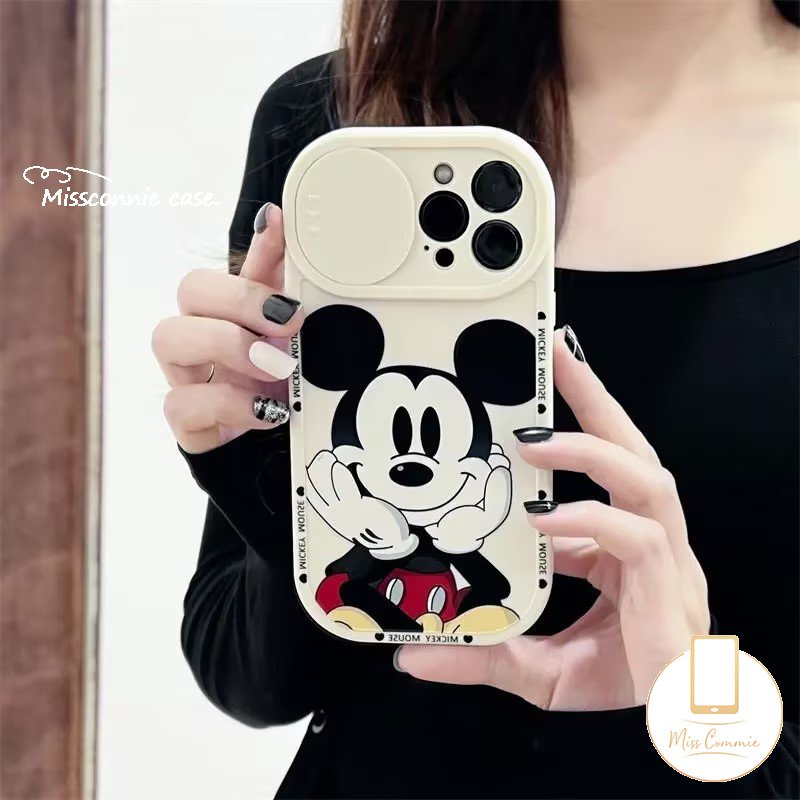 Cartoon Disney Push Pull Window Phone Case Compatible for iPhone 11 13 12 Pro Max XR 7Plus 8Plus X XS Max Cute Mickey Mouse Camera Lens Protector Soft Cover