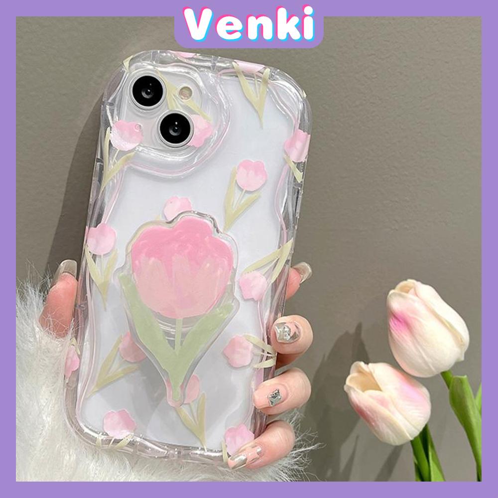 VENKI - Untuk iPhone 11 iPhone Case Clear Curved Edge Wave TPU Soft Shell Shockproof Protection Camera Simple Romantic Tulip Kompatibel dengan iPhone 14 13 Pro max 12 Pro Max 11 xr xs