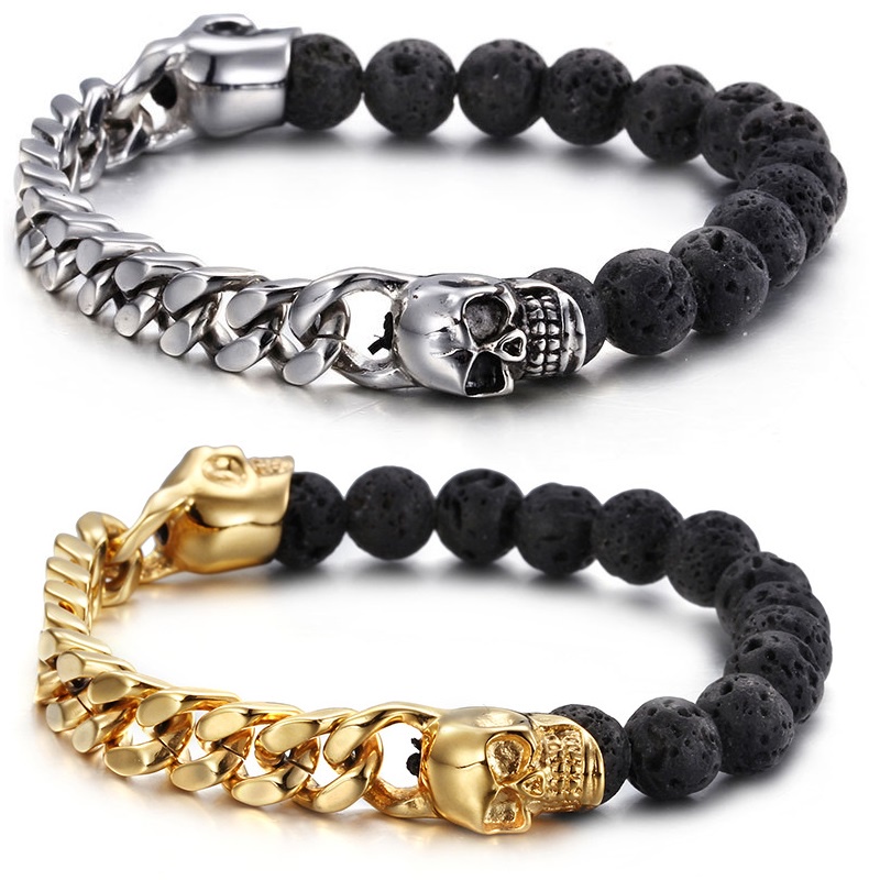 Hip Hop Vintage Fashion Pria Fashion Stainless Steel Manik-Manik Batu Vulkano Alami Gelang Perhiasan Aksesoris