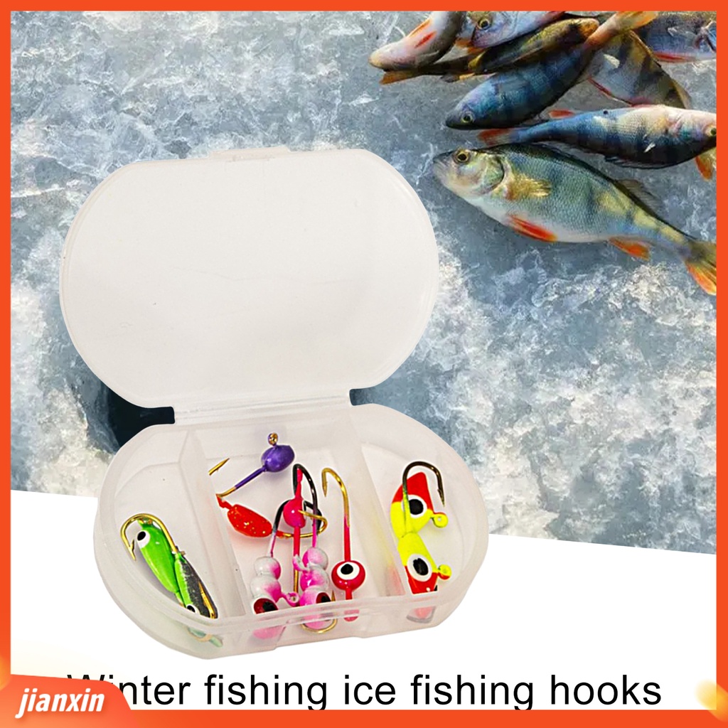 (In Stock) 1kotak Jig Pancing Es Kekuatan Baik Portabel Tahan Lama Penembus Kuat Tajam Angling Baja Karbon Tinggi Memancing Es Warna-Warni Memimpin Kepala Kait Kombinasi Untuk Danau