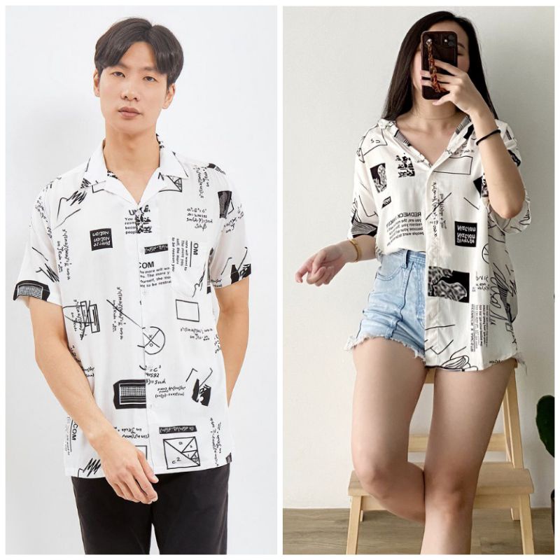 Atasan pria wanita buy one get one/ 1 set kemeja couple/ kemeja motif lengan pendek cowok-cewek unisex