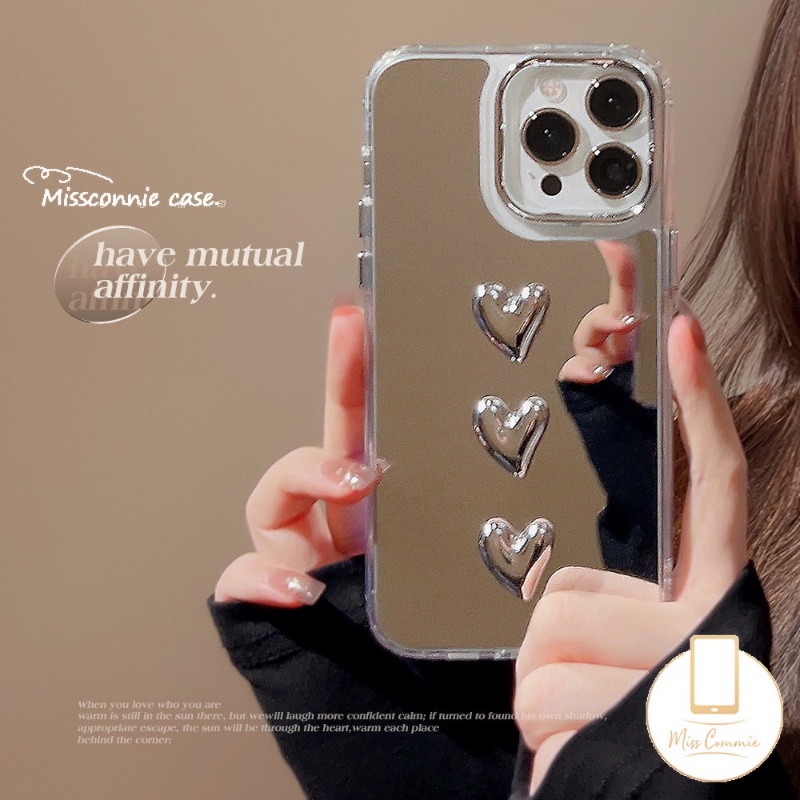 IPHONE Luxury Plating Make Up Mirror Metal Akrilik Case Kompatibel Untuk Iphone11 13 14 12 Pro Max 14 Pro Max 14 Pro 14 11 12 13 3D Stereo Silver Love Heart Electroplate Shockproof Cover