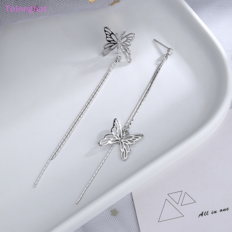 Tolonghot&gt; Anting Kupu-Kupu Berongga Rumbai Asimetris Untuk Wanita Anting Garis Telinga Super Panjang Perhiasan Fashion well