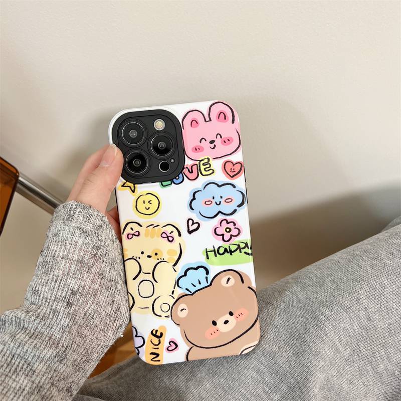 Happy Cartoon Bear Hard Plastic Case HP iP iPhone 12 13 14 Pro Max 11 FTD Casing Apple