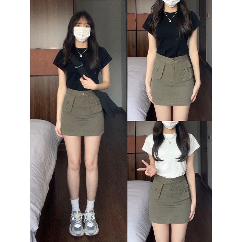 Workwear denim oversized high waisted hip wrap short skirt