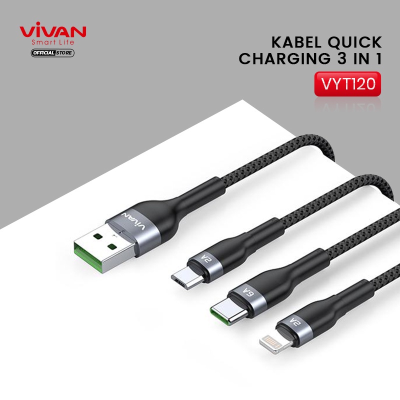 Kabel Data 3 in 1 Fast Charging 6A Micro USB Lightning Type C VOOC VYT120 Black VIVAN 1 tahun