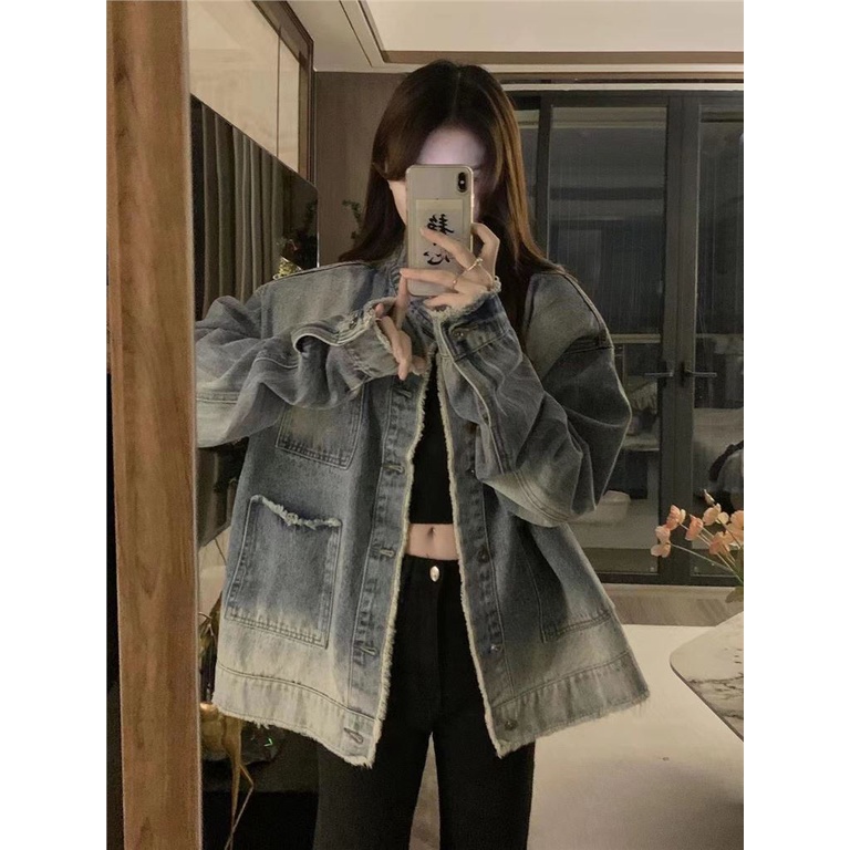 Rugged gradient distressed denim jacket for women