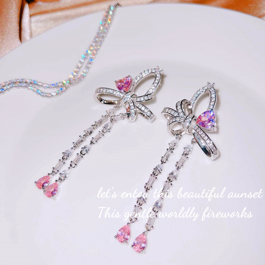 Goldkingdom Aksesoris Perhiasan Fashion Ready Stock Desainer Cinta Busur Rumbai Set, Anting Kupu-Kupu Peri Super, Kalung Berlapis Berlian Merah Muda Berbintang