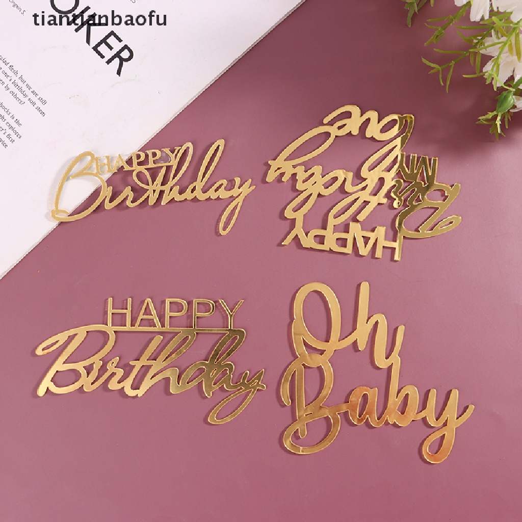 [tiantianbaofu] 1pc Topper Kue Happy Birthday Unik Emas Akrilik Topper Cupcake Ulang Tahun Butik