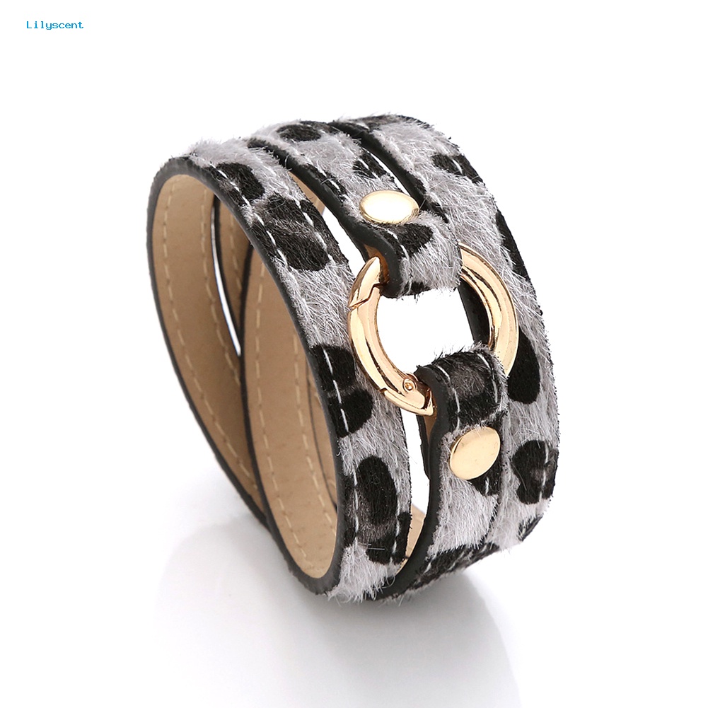 Lilyscent Wanita Multi-layer Berliku Leopard Cincin Panjang Kulit Imitasi Gelang Bangle Perhiasan