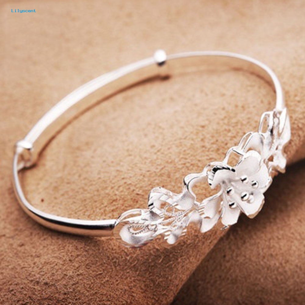 Lilyscent Fashion Bunga Adjustable Cuff Bangle Woman Perak Disepuh Gelang Tangan Perhiasan