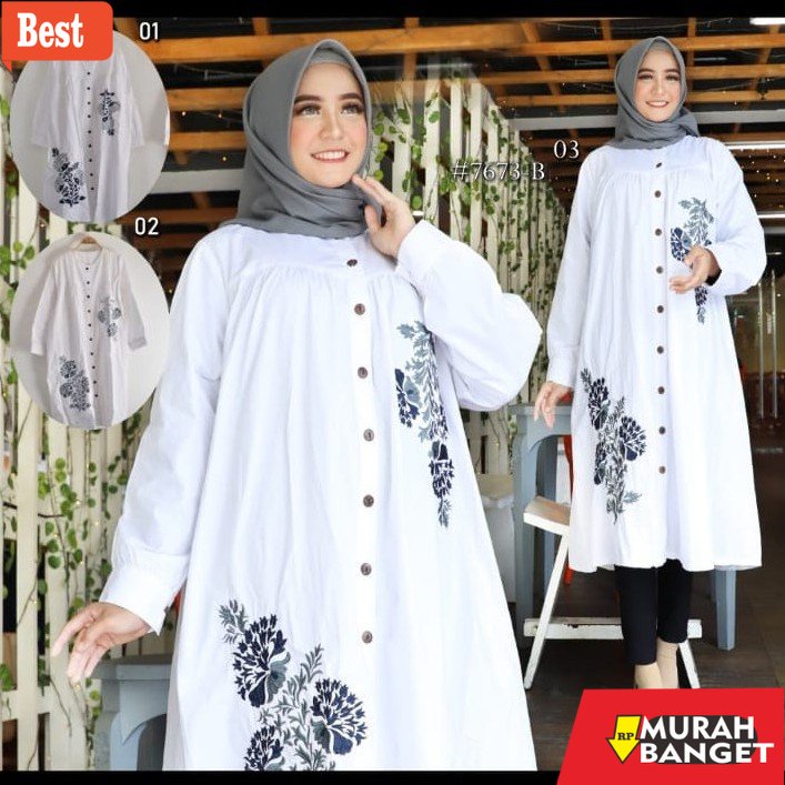 Tunik jumbo terbaru untuk wanita- Long Tunik Putih Jumbo Ld 130 Cm Model Bordir Kekinian