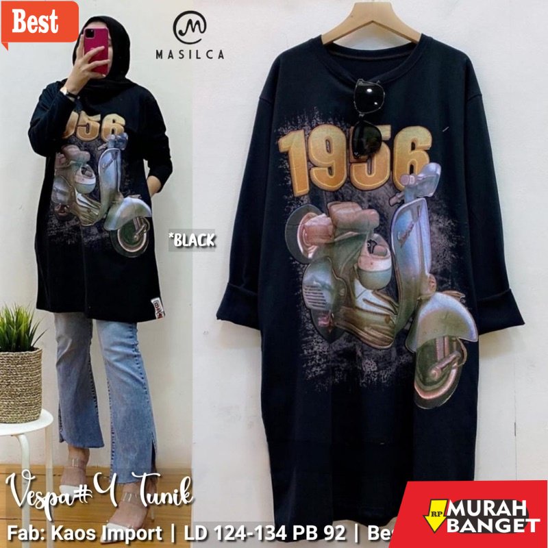 Tunik jumbo terbaru untuk wanita- Kaos tunic import jumbo motif vespa kekinian terbaru halus adem pr