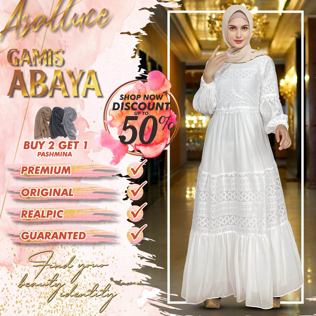 promo Baju Dress Gamis Putih Wanita Muslim By ARRALUCE Kekinian Terbaru / Gamis Brukat Brokat Burkat