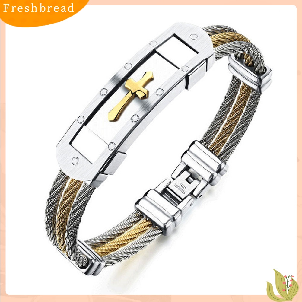 &lt; Freshbread &gt; Perhiasan Gelang Tangan Bangle Salib Tiga Lapisan Stainless Steel Unisex Bergaya