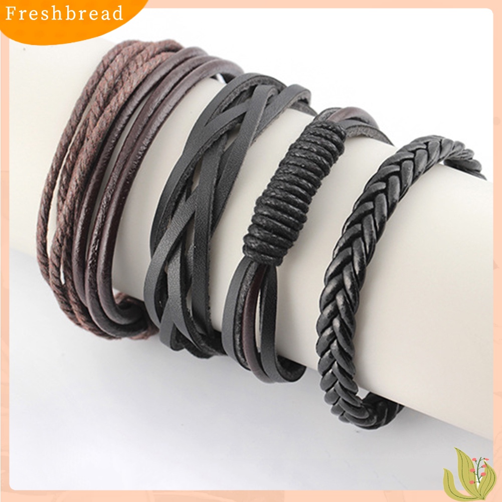 &lt; Freshbread &gt; 4Pcs/Set Vintage Handmade Anyaman Tali Kulit Gelang Bangle Pria Perhiasan Hadiah