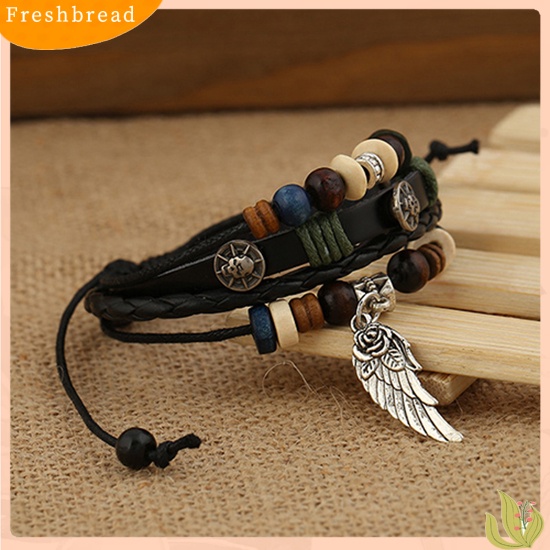 &lt; Freshbread &gt; Unisex Vintage Multilayer Faux Leather Wing Charm Wooden Beads Gelang Bangle