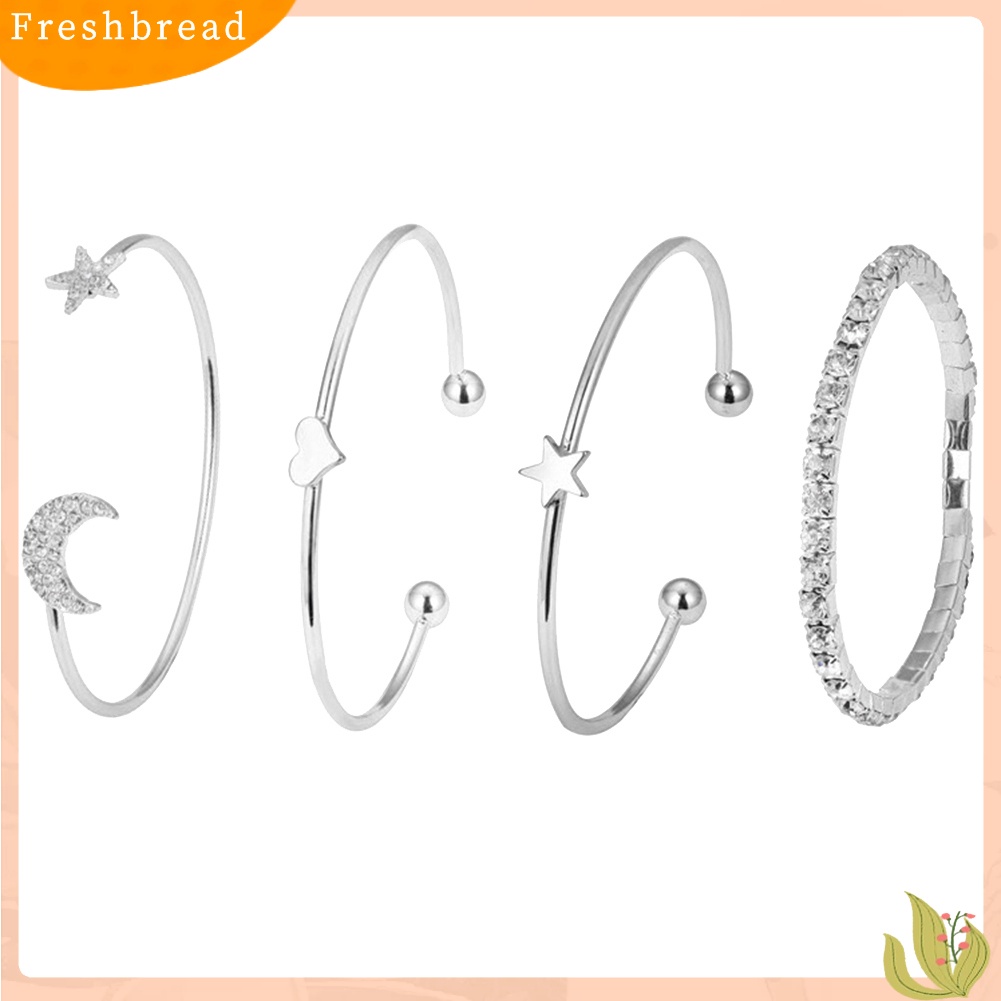 &lt; Freshbread &gt; 4Pcs/Set Bulan Bintang Hati Pesona Berlian Imitasi Bertatahkan Gelang Wanita Bangle Jewelry