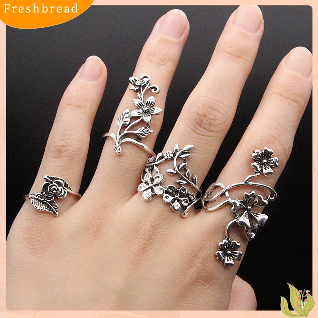 &lt; Freshbread &gt; 4Pcs/Set Cincin Buku Jari Klasik Gaya Cina Sederhana Berongga Diukir Bunga Tumpuk Cincin Aksesori Perhiasan