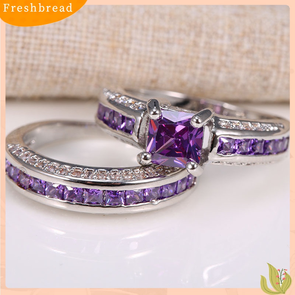 &lt; Freshbread &gt; 2Pcs Perhiasan Putri Persegi Imitasi Amethyst Hias Berlian Imitasi Pernikahan Cincin Band