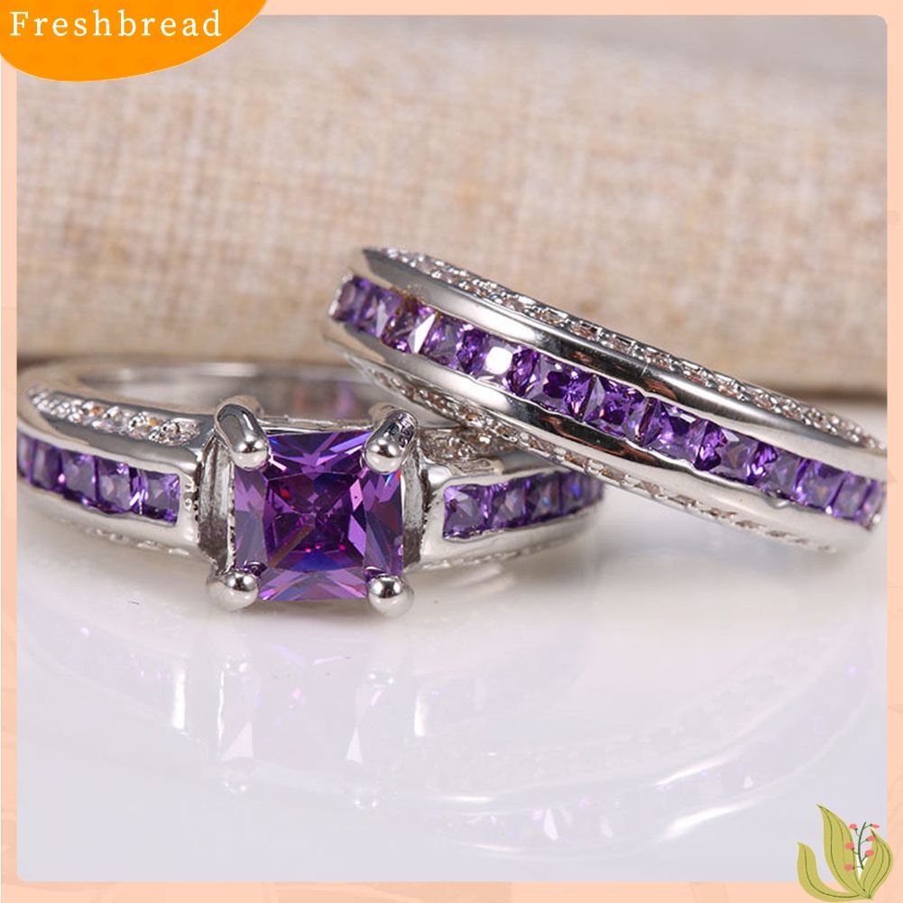 &lt; Freshbread &gt; 2Pcs Perhiasan Putri Persegi Imitasi Amethyst Hias Berlian Imitasi Pernikahan Cincin Band