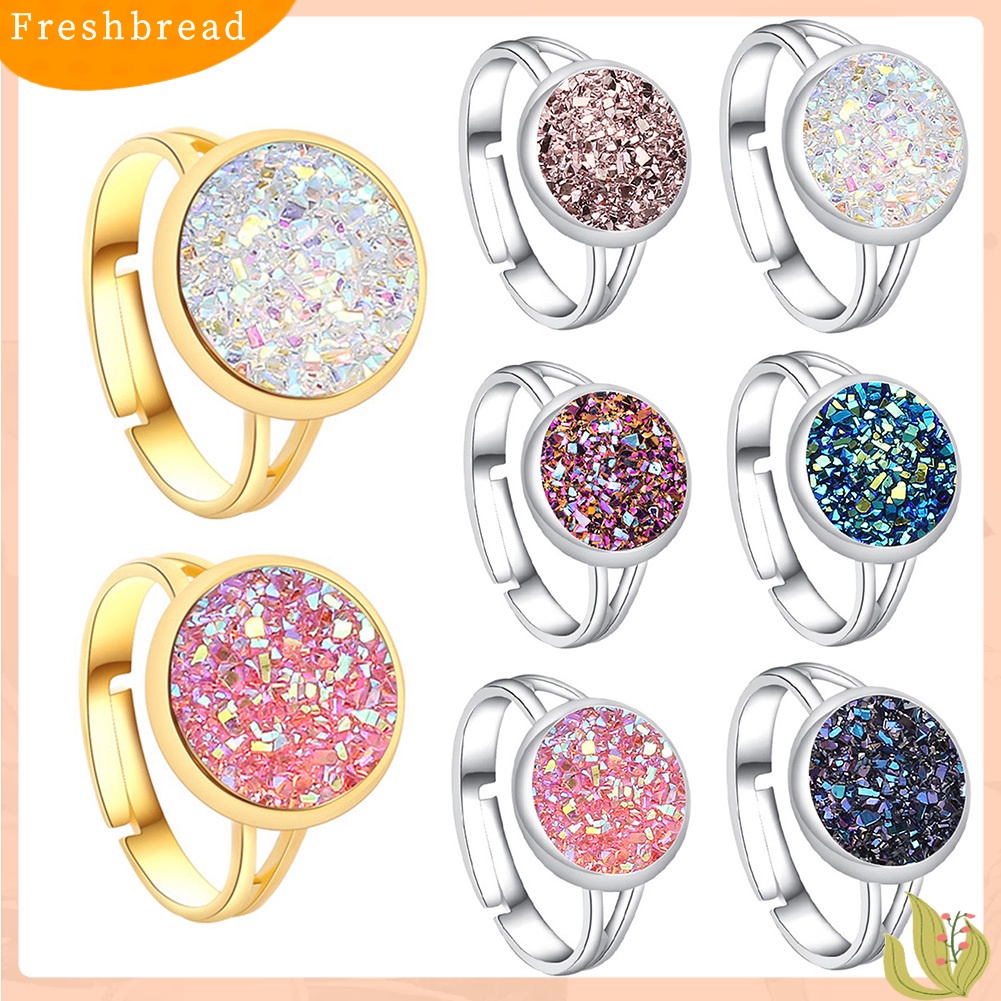 &lt; Freshbread &gt; Fashion Wanita Bulat Pelangi Druzy Terbuka Jari Cincin Adjustable Pesta Perhiasan Hadiah