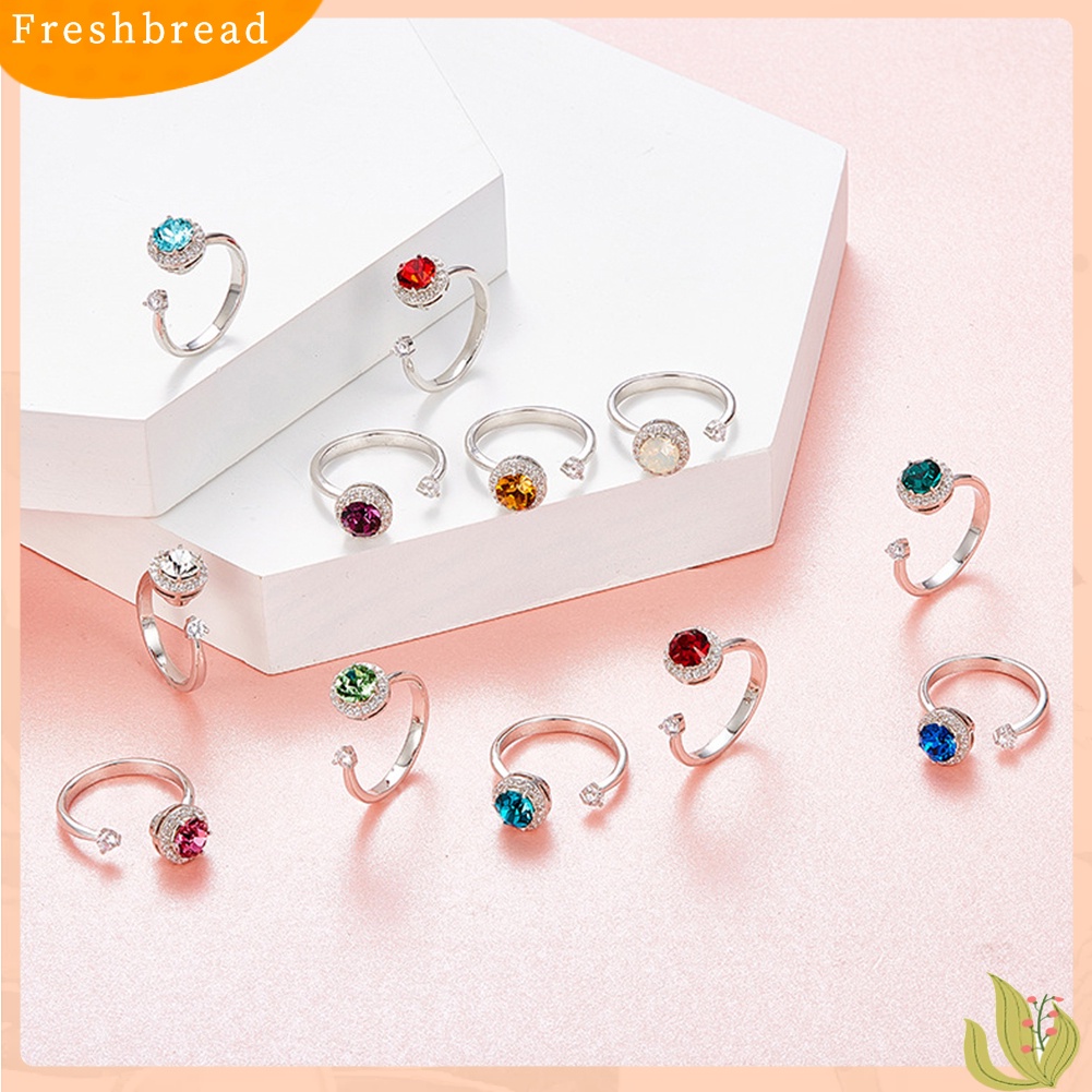 < Freshbread > Wanita Bulat Berlian Imitasi Hias Cincin Jari Terbuka Perhiasan Yang Dapat Disesuaikan Hadiah Ulang Tahun