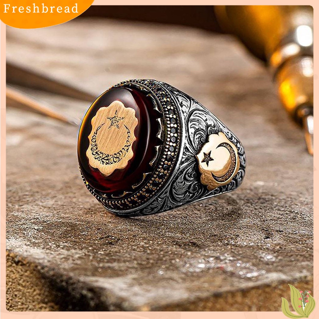 &lt; Freshbread &gt; Kepribadian Cincin Laki-Laki Pola Ukiran Tangan Buatan Tangan Berkilau Vintage Batu Merah Turki Signet Cincin Perhiasan Aksesori