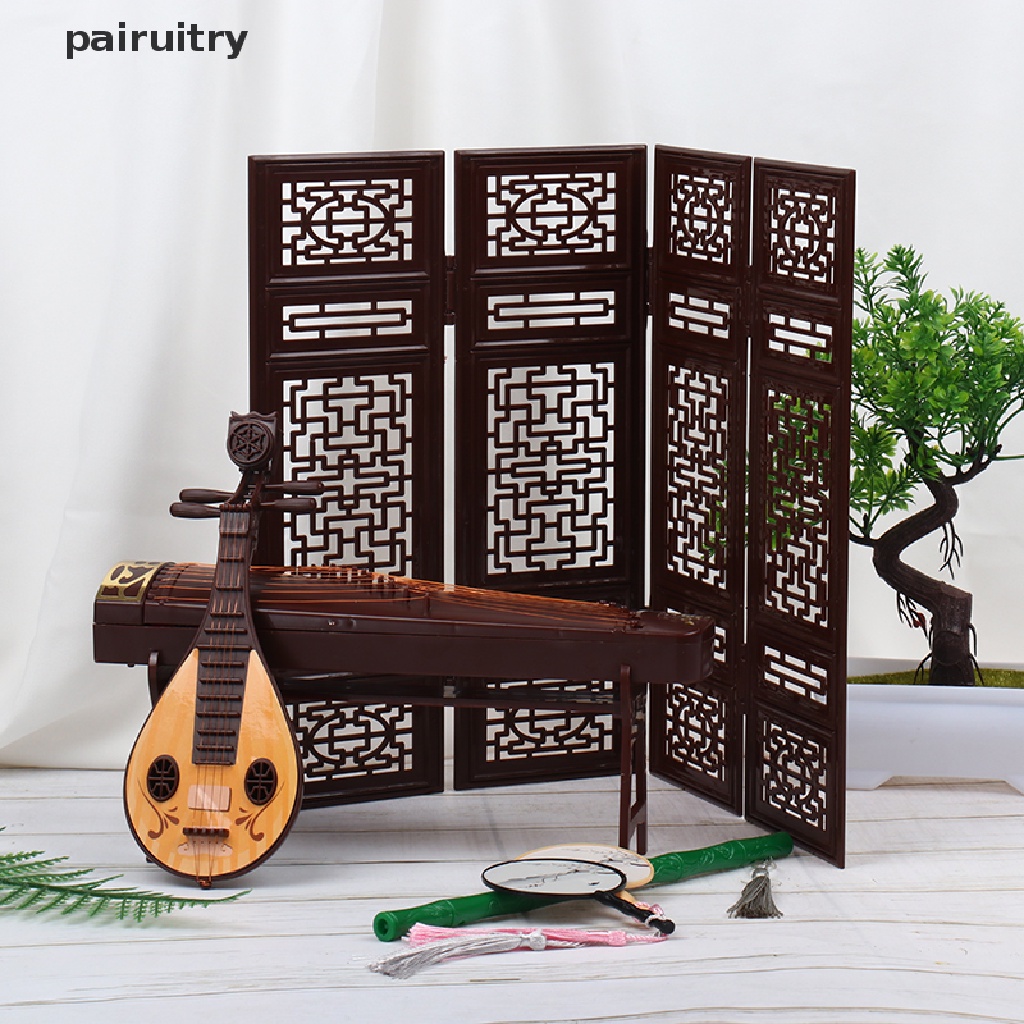 Prt Rumah Boneka Miniatur Layar Lipat Suling Lute Guzheng Kipas Ornamen Pemandangan Kehidupan PRT