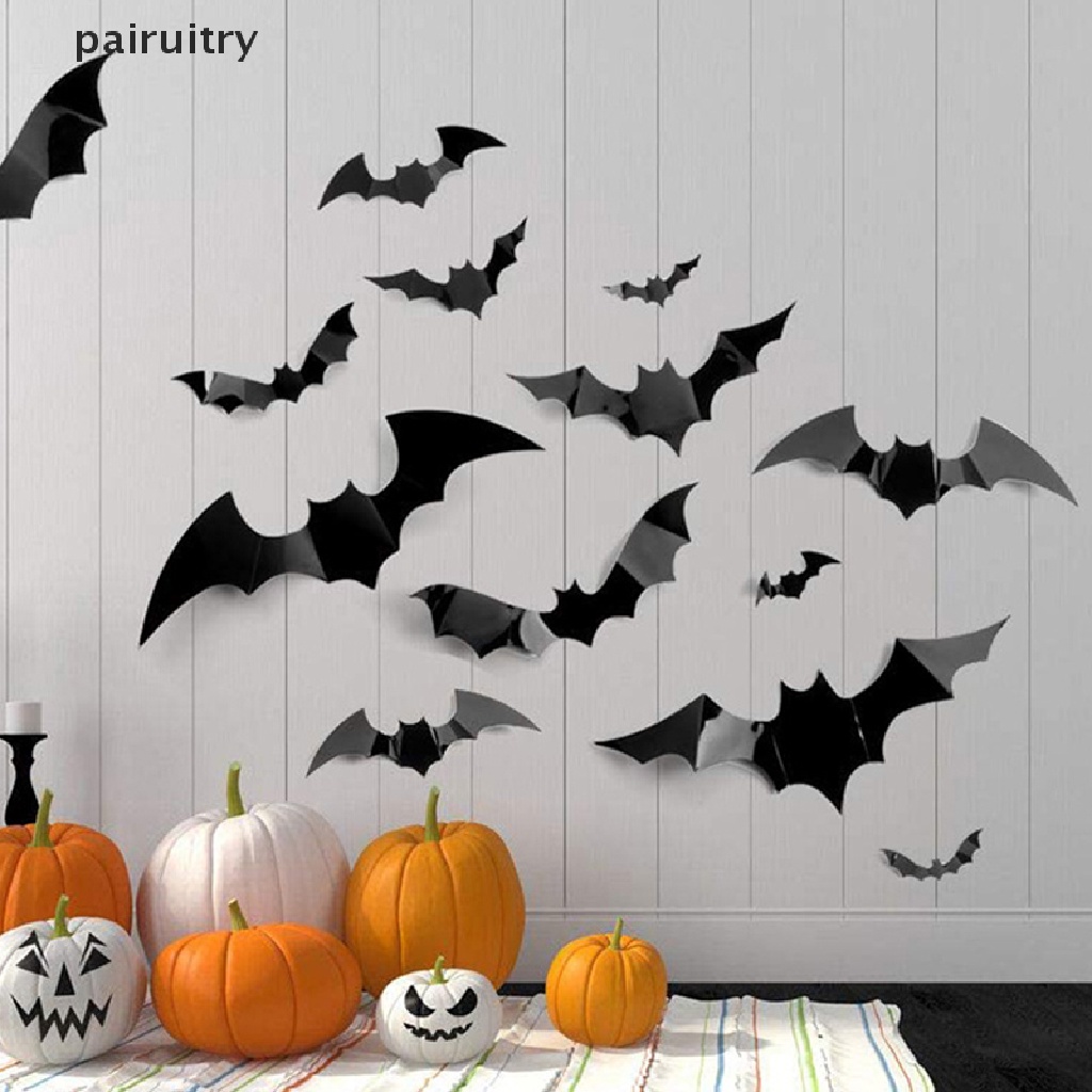 Prt 12PCS Dekorasi Halloween 3D Hitam PVC Kelelawar Halloween Party Decor Props Stiker PRT